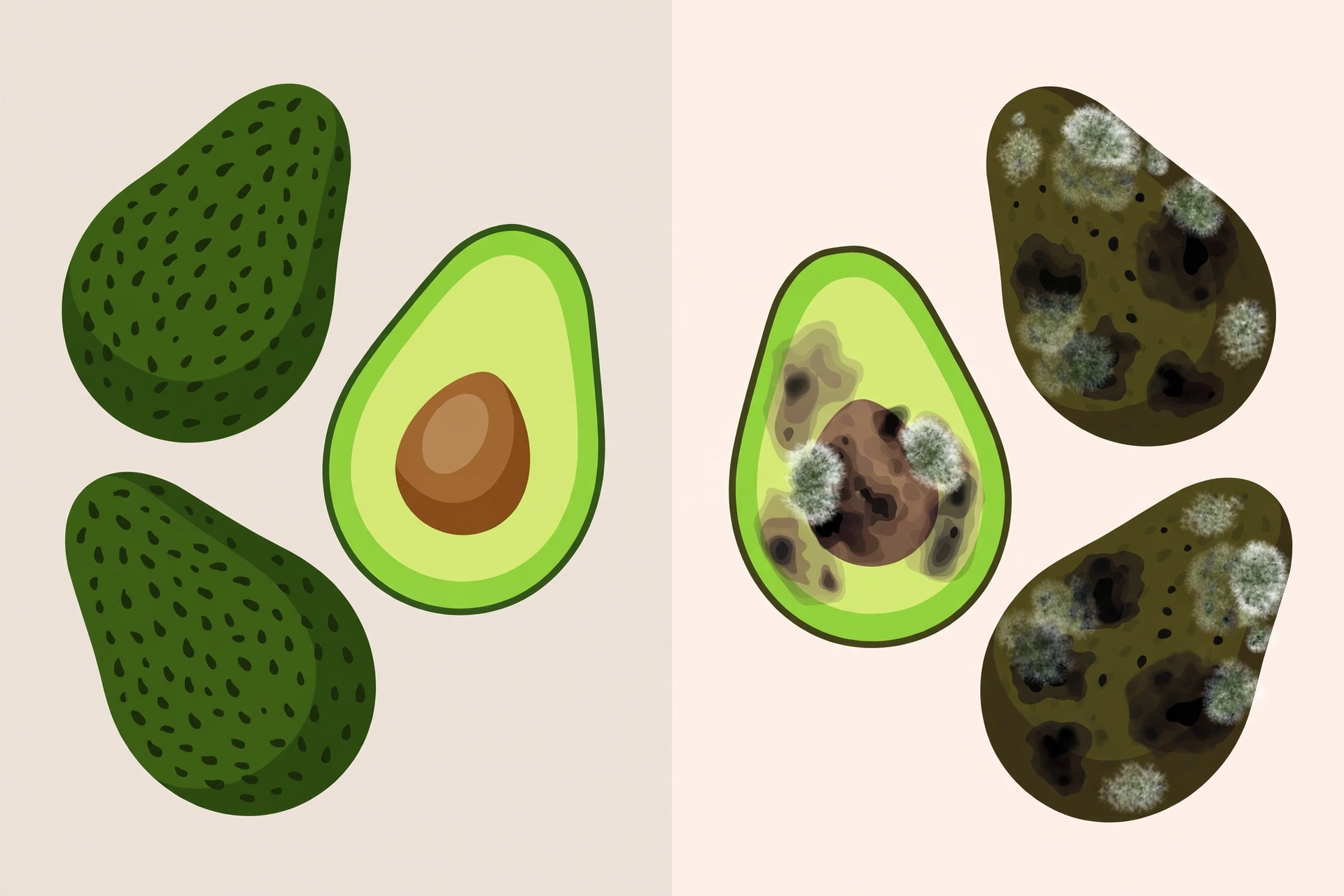 Illustration of a good avocado on the left and a damaged, overripe avocado on the right