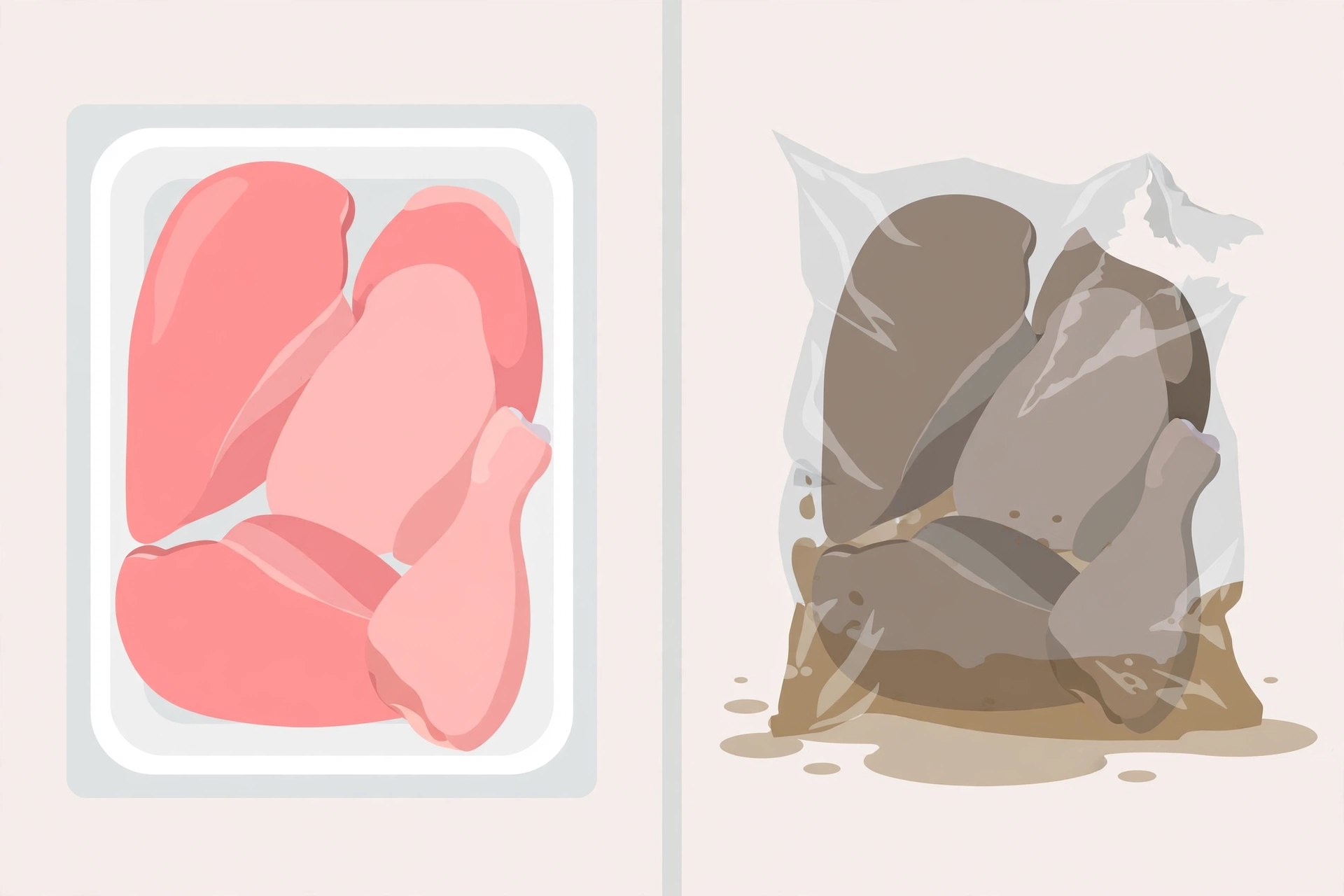 Illustration comparing fresh chicken in intact packaging with chicken in torn, leaking packaging