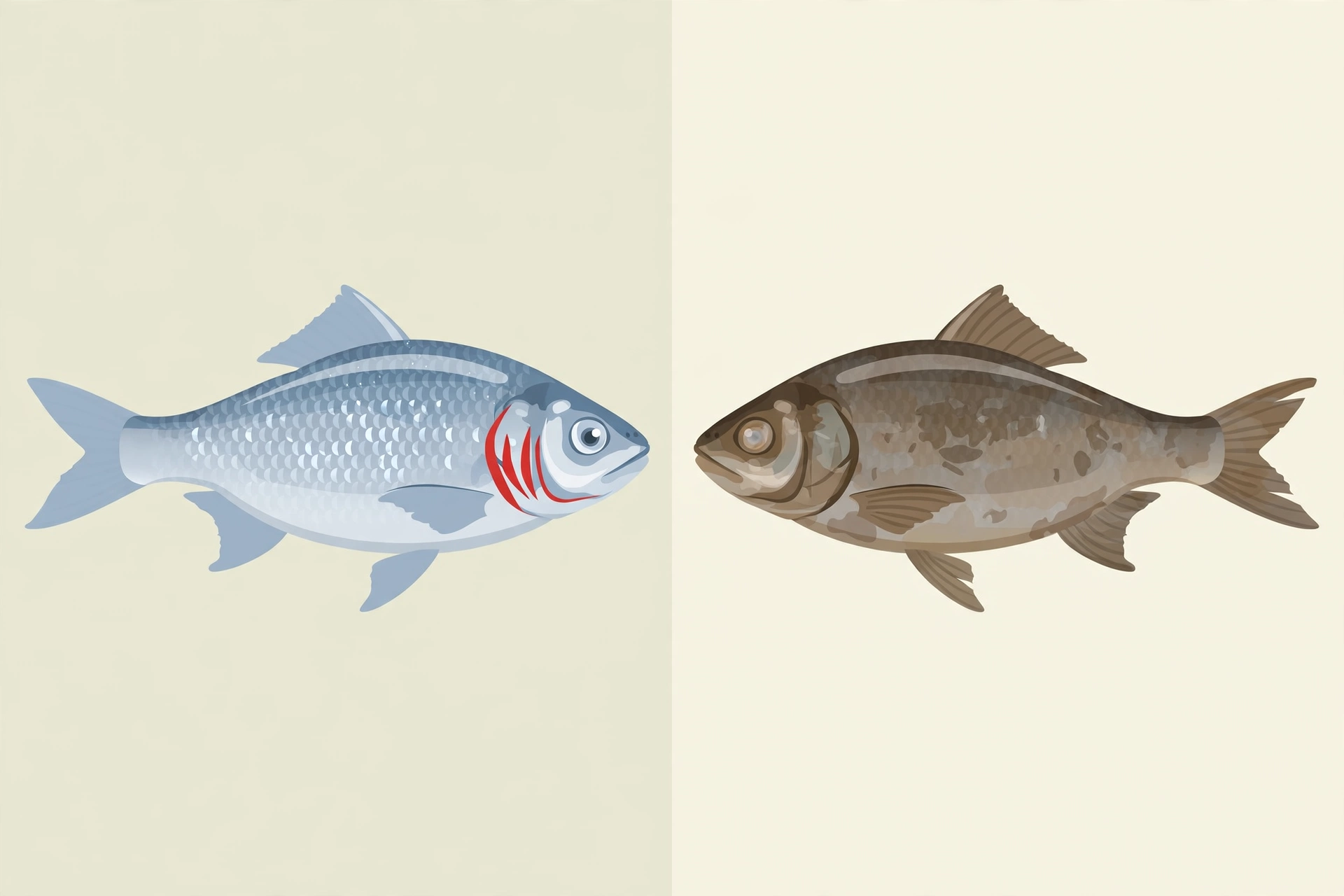 Illustration comparing a fresh whole fish with clear eyes and red gills against a fish with cloudy eyes and dull gills