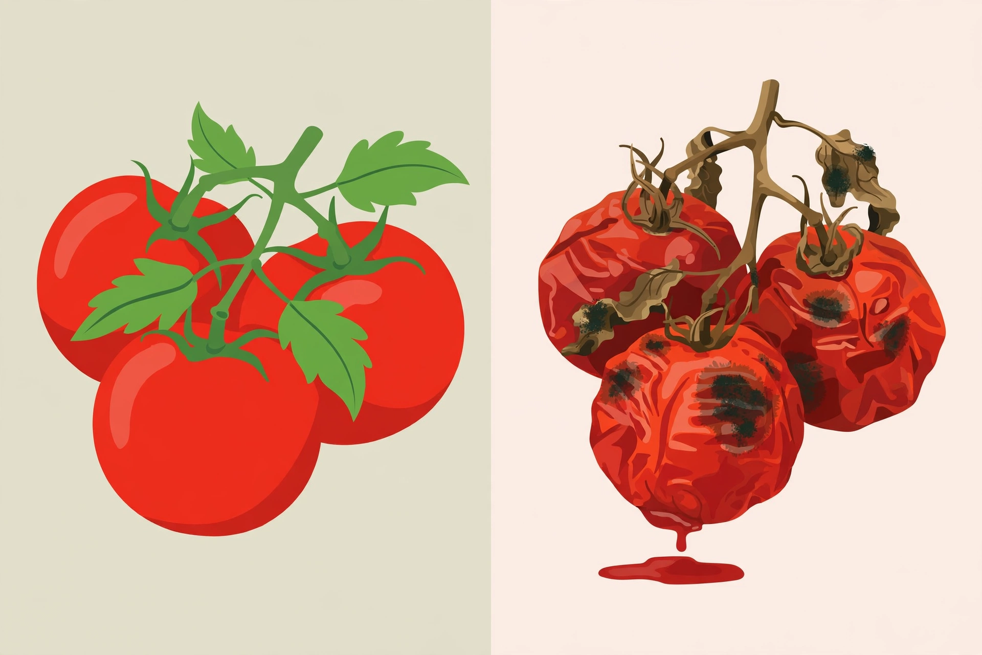Comparison of firm, smooth tomatoes and wrinkled, bruised tomatoes with damaged stem ends
