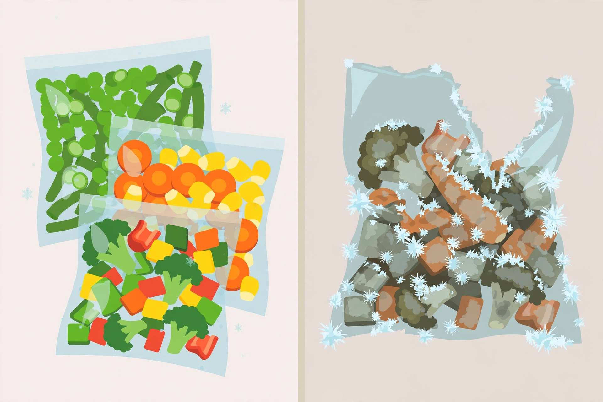 Comparison of bright blanched vegetables in labeled airtight freezer bags versus dull vegetables in an open grocery bag with ice crystals