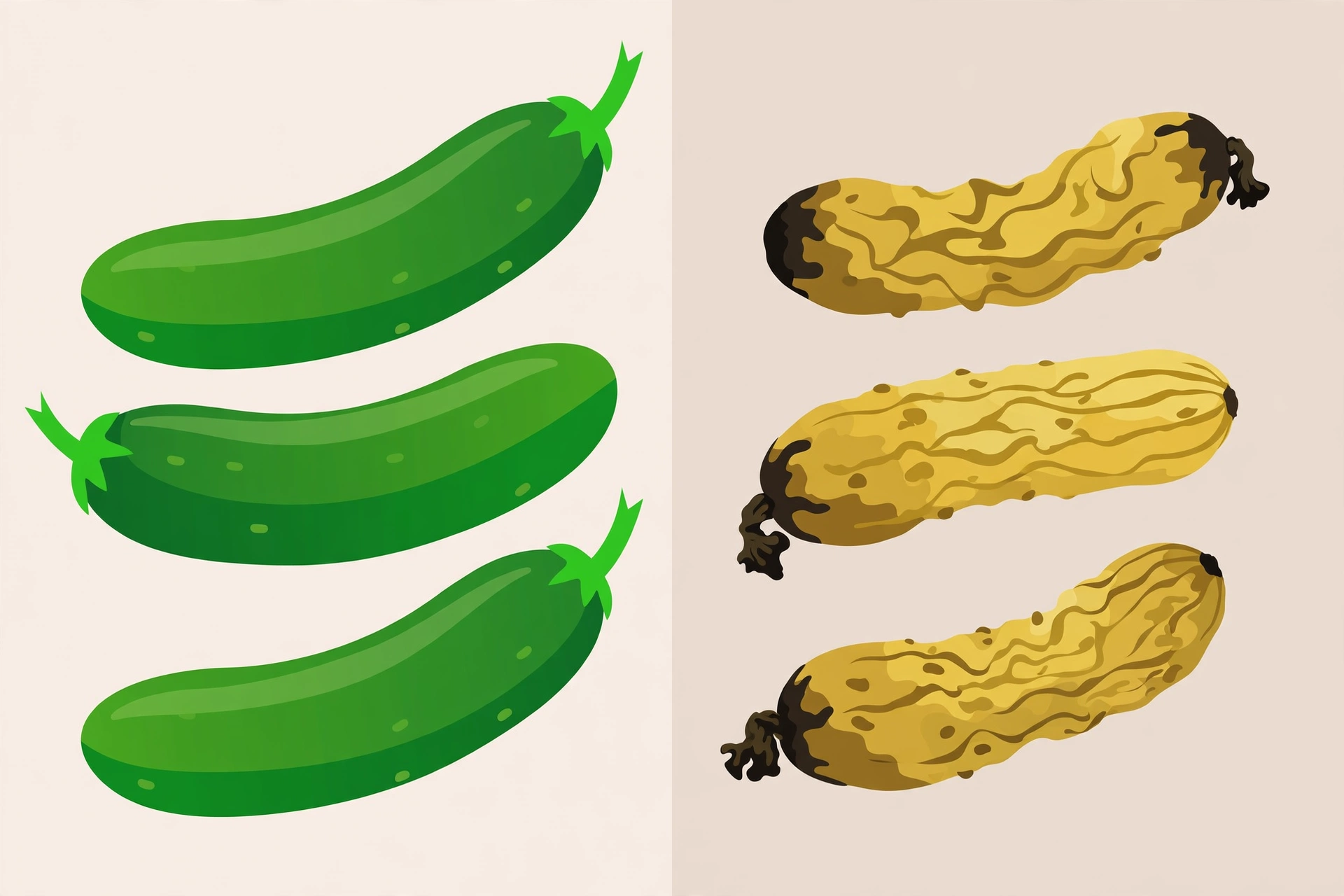 Comparison of firm deep-green cucumbers and soft wrinkled yellowed cucumbers with withered ends