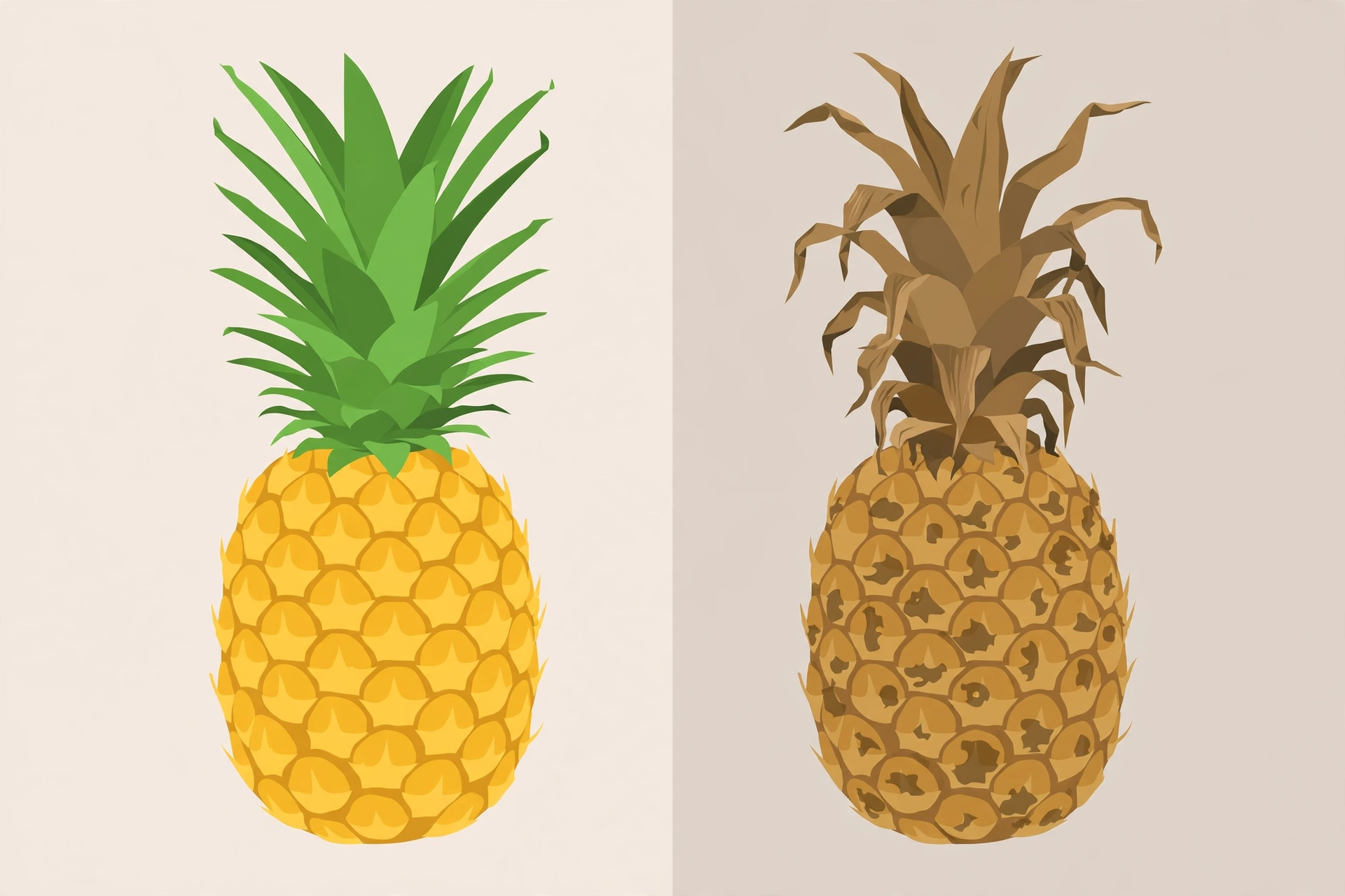Illustration of a fresh pineapple on the left and an overripe, damaged pineapple on the right
