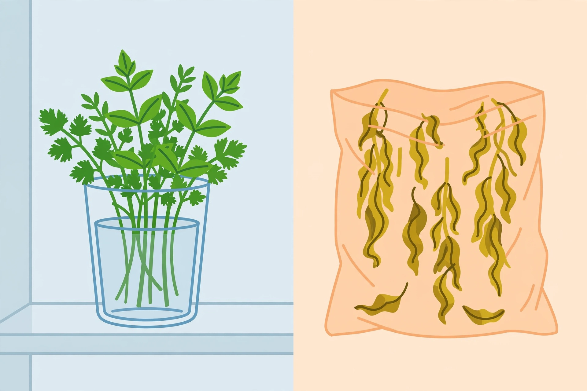 Comparison of fresh herbs stored in a water jar in the fridge versus wilted herbs crushed in a sealed plastic bag