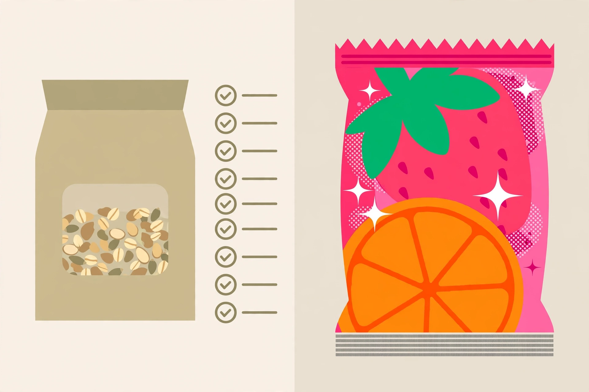 Comparison of an honest food package with a clear nutrition panel and a confusing package with oversized claims and tiny print