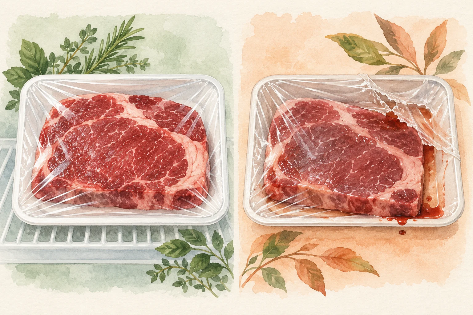 Illustration of sealed meat packaging and torn packaging with leaking juices