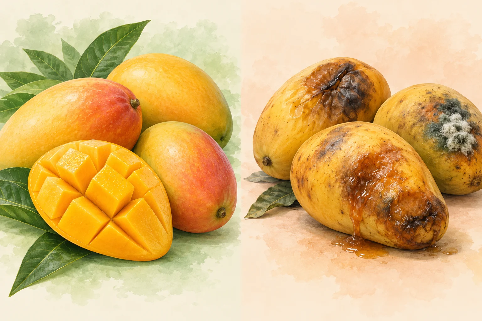 Illustration of intact mangoes on the left and bruised, moldy mangoes on the right