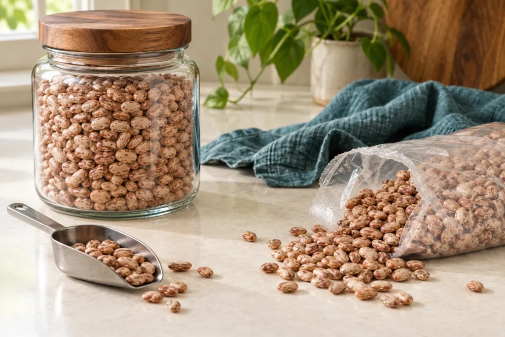 Dry pinto beans in a closed jar beside a damaged open bag.