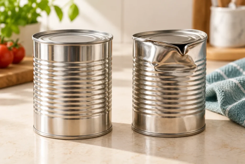 Intact food can beside a can with a deep dent at the upper seam.
