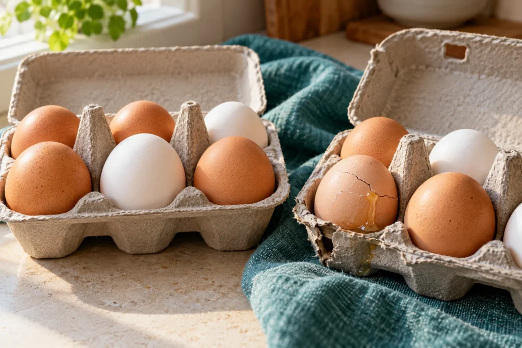 Intact eggs in one carton beside a cracked leaking egg in another.