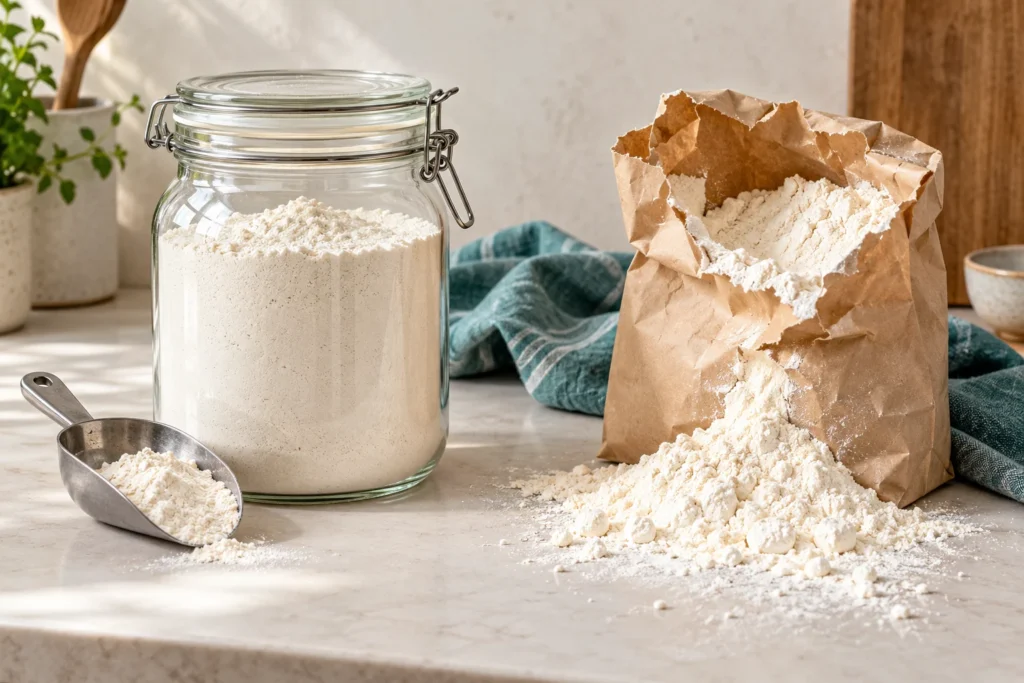 Flour in a closed food jar beside a torn open paper bag.