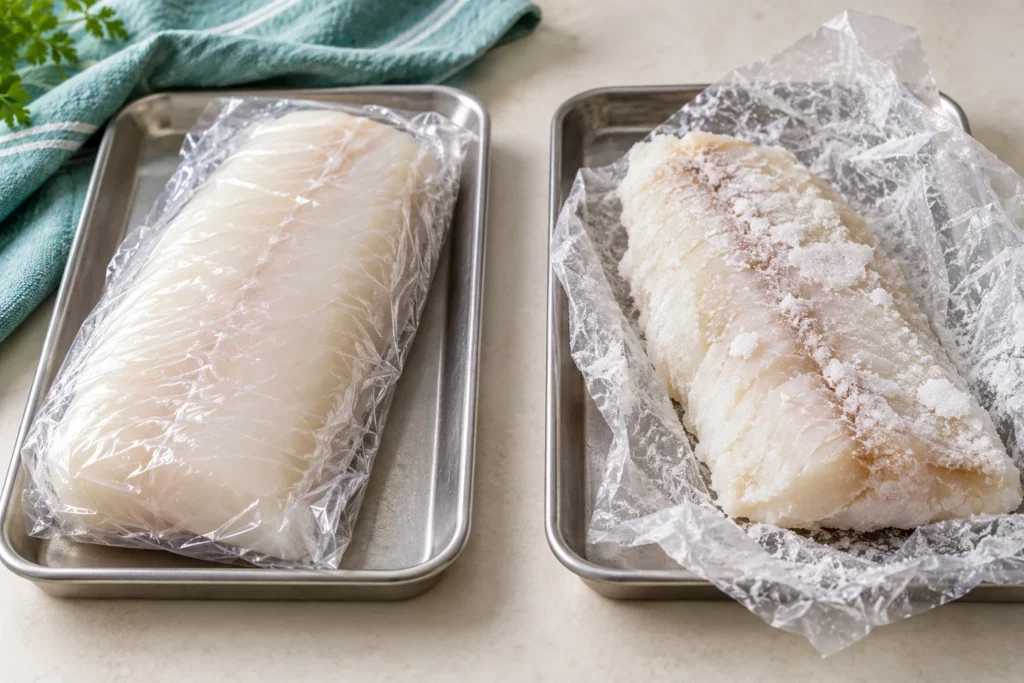 Wrapped frozen fish beside an unwrapped fillet with dry patches and frost; a conceptual quality comparison.