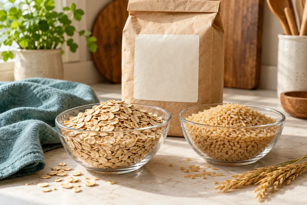 Bowls of oats and brown rice beside an unbranded grain package.