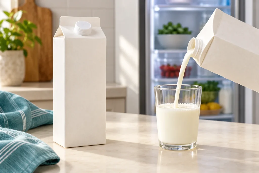 Closed milk carton beside an opened carton pouring milk into a glass.