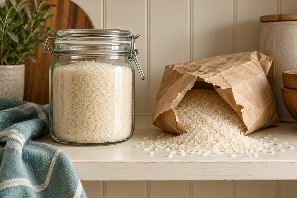 Dry rice in a closed glass jar beside a torn open rice bag.