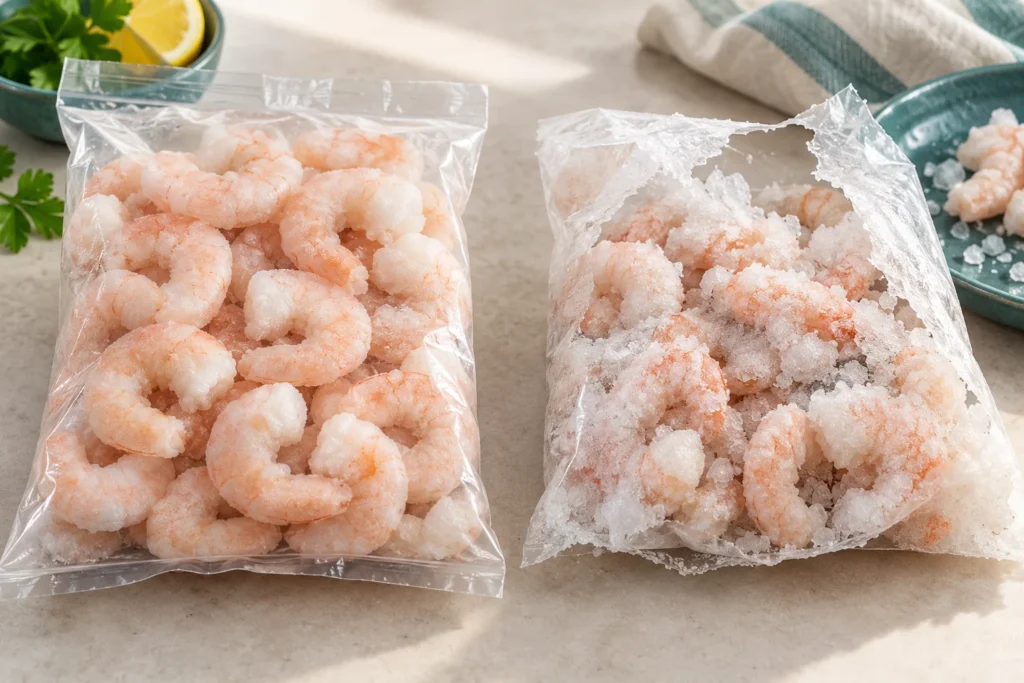 Sealed frozen shrimp package beside a torn package with heavy frost.