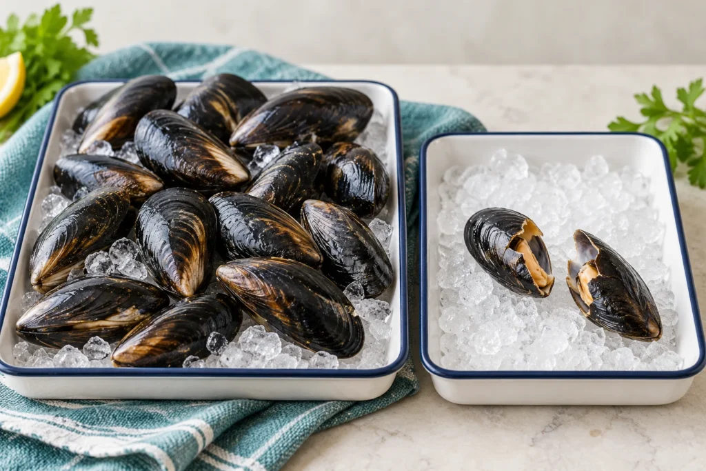 Whole closed mussel shells beside two visibly broken shells on ice.