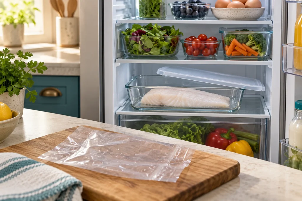 Fish removed from its pouch in a dish inside a refrigerator, with the empty cut-open pouch on the counter.