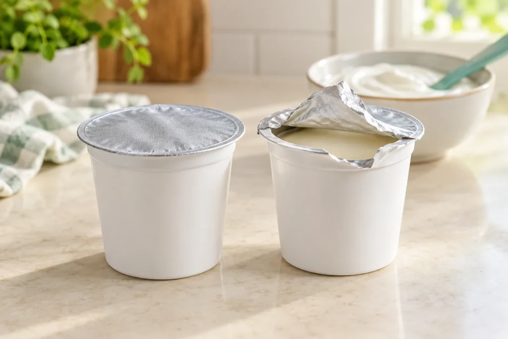 Yogurt cup with an intact seal beside a cup with a torn open lid.