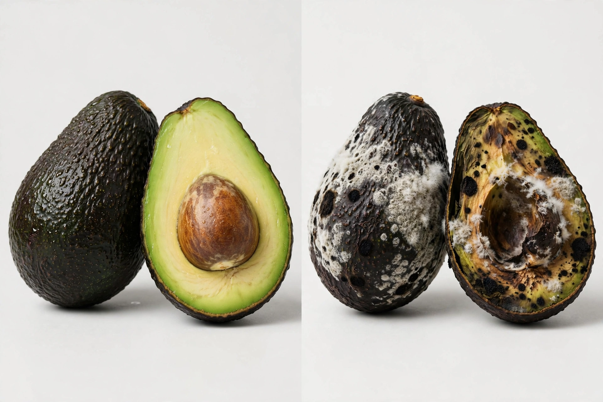 Illustration of a good avocado on the left and a damaged, overripe avocado on the right