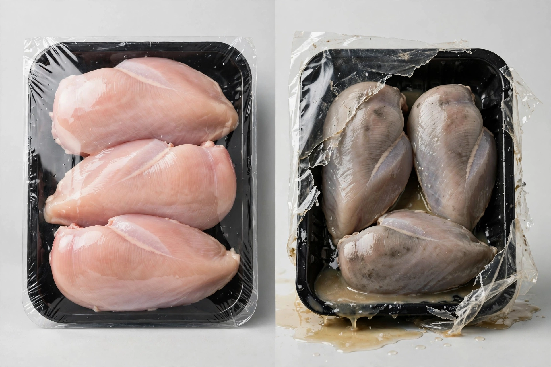 Illustration comparing fresh chicken in intact packaging with chicken in torn, leaking packaging