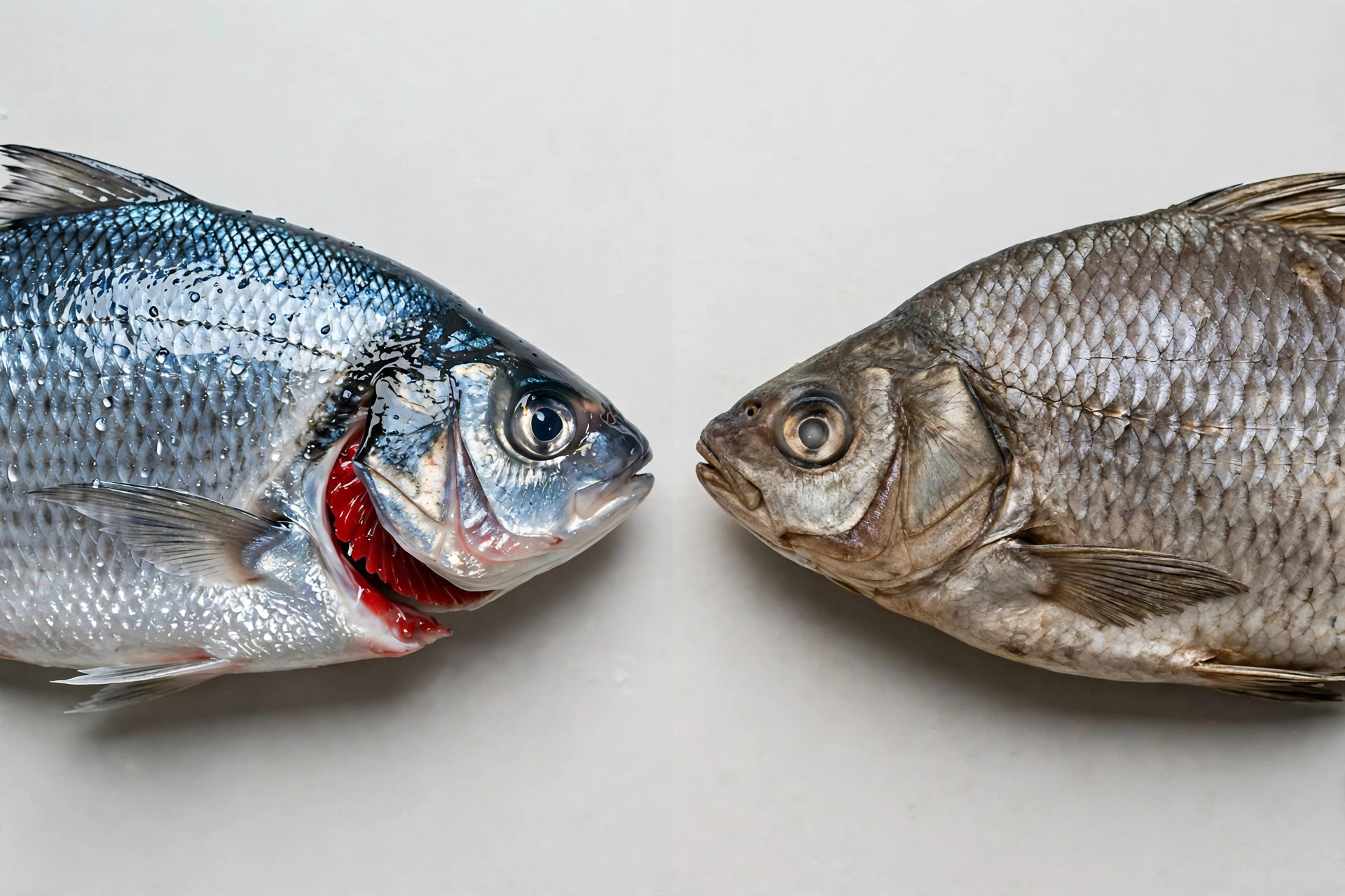 Illustration comparing a fresh whole fish with clear eyes and red gills against a fish with cloudy eyes and dull gills