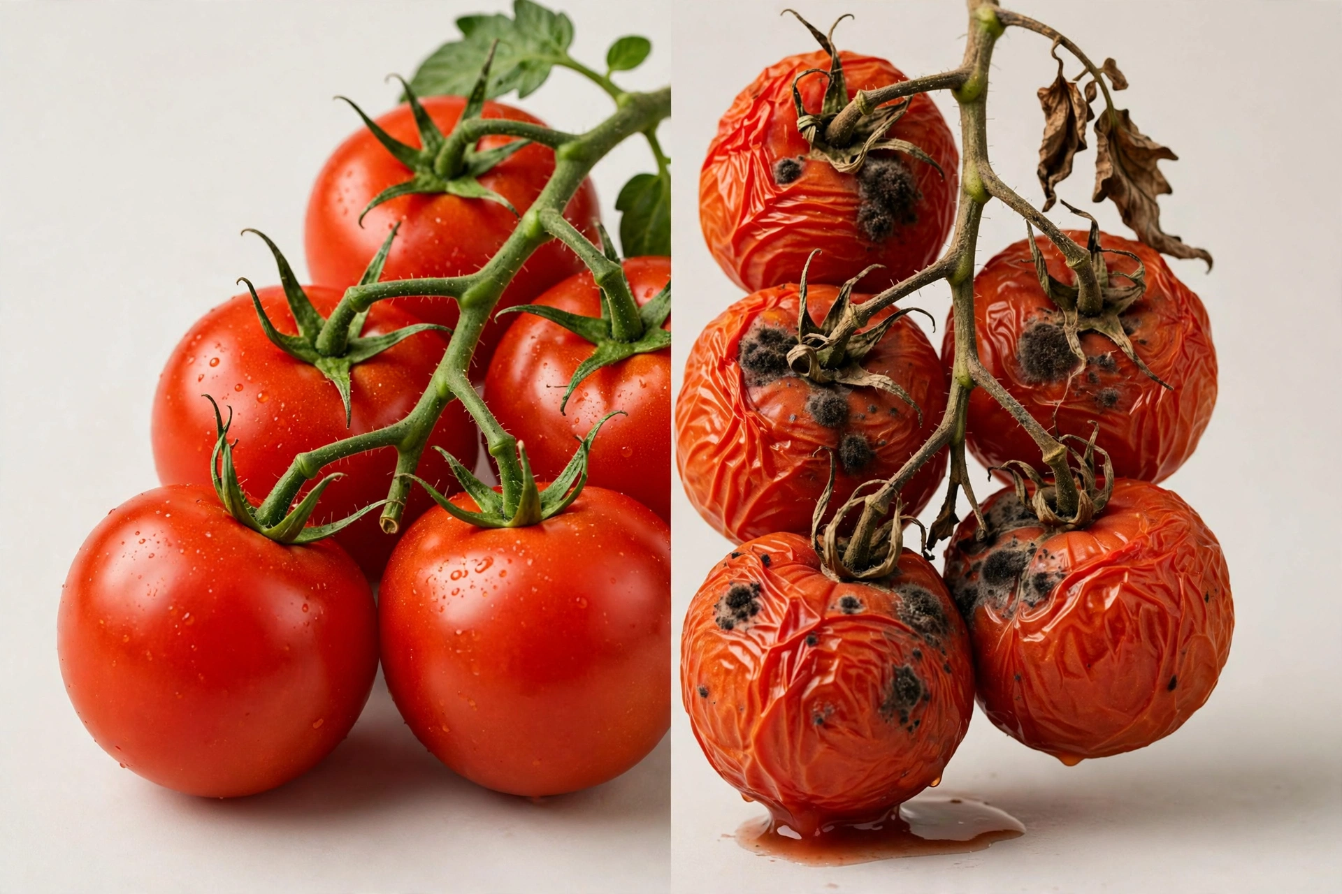 Comparison of firm, smooth tomatoes and wrinkled, bruised tomatoes with damaged stem ends