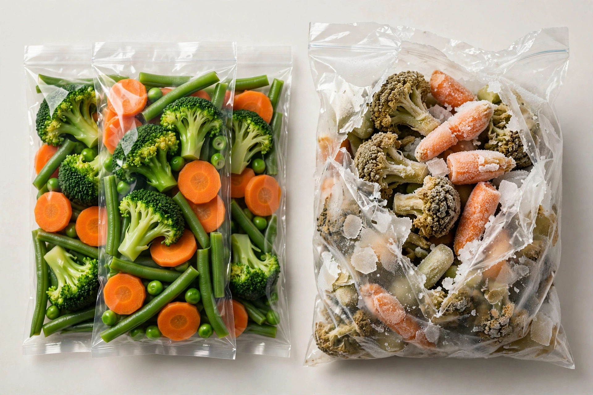 Comparison of bright blanched vegetables in labeled airtight freezer bags versus dull vegetables in an open grocery bag with ice crystals