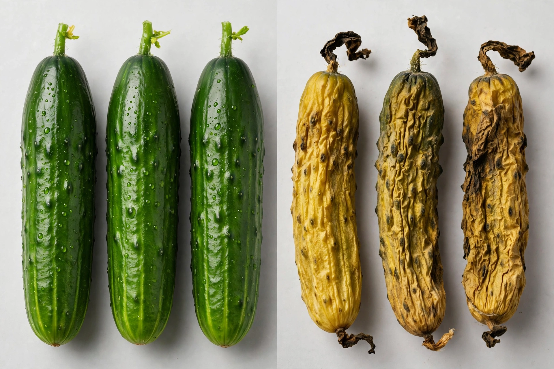 Comparison of firm deep-green cucumbers and soft wrinkled yellowed cucumbers with withered ends