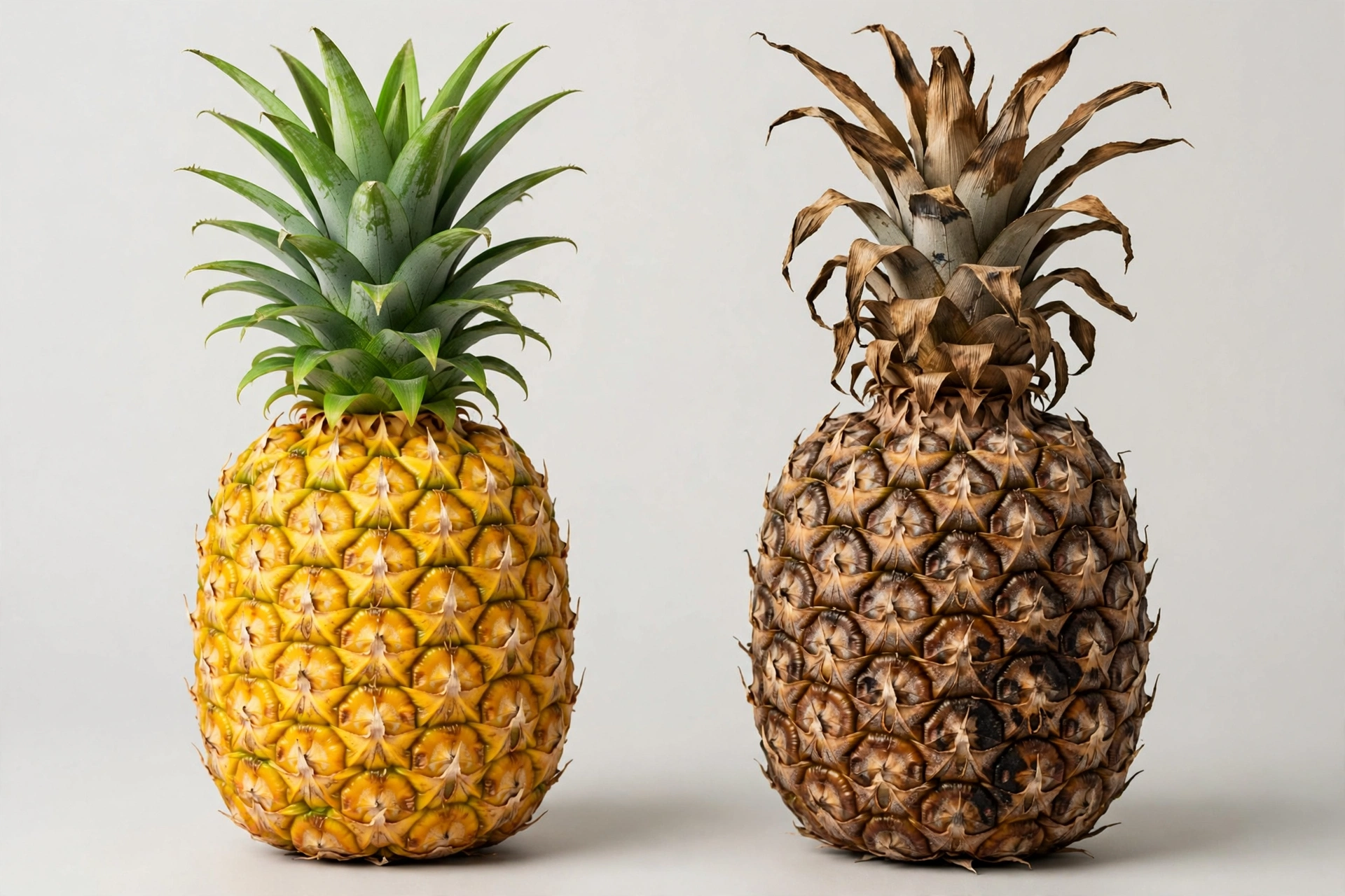 Illustration of a fresh pineapple on the left and an overripe, damaged pineapple on the right