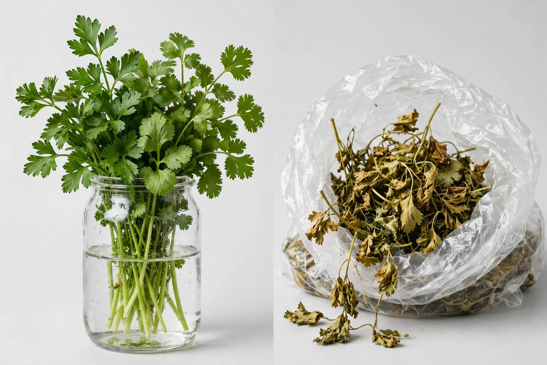 Comparison of fresh herbs stored in a water jar in the fridge versus wilted herbs crushed in a sealed plastic bag