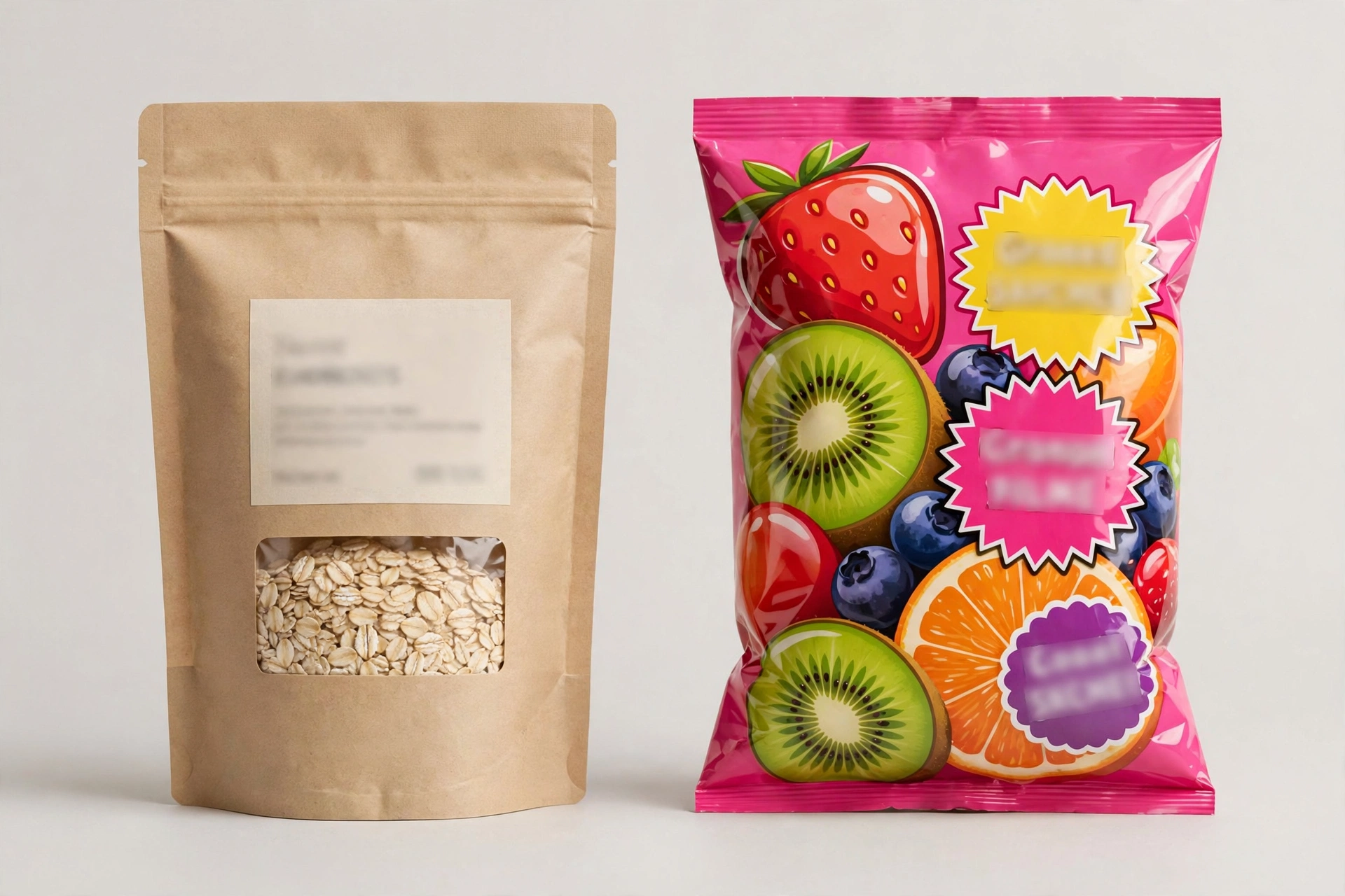 Comparison of an honest food package with a clear nutrition panel and a confusing package with oversized claims and tiny print